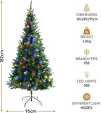 Olsen & Smith 6ft Pre-Lit Christmas Tree - Artificial PVC Xmas Tree with 750 Branch Tips, 300 Multi-Coloured LED Lights, and Sturdy Metal Stand - Perfect for Holiday Home Décor