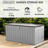 Olsen & Smith 830L MASSIVE Capacity Outdoor Garden Storage Box Plastic Shed - Weatherproof & Sit On with Wood Effect Chest