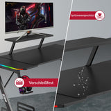 XTREME by O&S Carbon Fibre Effekt Z-Rahmen RGB PC Computergaming-Schreibtisch mit RGB-LED-Lichtern, Monitorständer, Desktop-Tower-Ständer-Trolley, Kabelmanagement, Headset-Haken und Getränkehalter, Schwarz