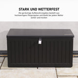 Olsen & Smith Garten-Aufbewahrungsbox für denAußenbereich, 270 l, mitgroßem Fassungsvermögen, mitVorhängeschloss, Kunststoffschuppen–wetterfest und zum Aufstellen,mit Truhe in Holzoptik(270 l, schwarz)