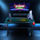 XTREME by O&S Carbon Fibre Effect Z Frame RGB PC Computer Gaming Desk with RGB LED Lights, Monitor Screen Stand, Desktop Tower Stand Trolley, Cable Management, Headset Hook & Drinks Cup Holder, Black