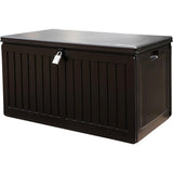 Olsen & Smith 270L MASSIVE Capacity Outdoor Garden Storage Box With Padlock Plastic Shed - Weatherproof & Sit On with Wood Effect Chest (270 Litre, Black) - Packed Direct UK