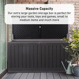 Olsen & Smith 270L MASSIVE Capacity Outdoor Garden Storage Box With Padlock Plastic Shed - Weatherproof & Sit On with Wood Effect Chest (270 Litre, Black) - Packed Direct UK